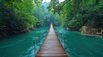Fototapeta premium A hanging wooden bridge crosses a turquoise river, amid a lush green forest.