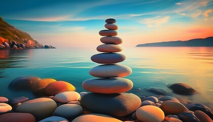 balanced stones serene ocean backdrop