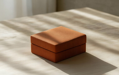 A soft, orange gift box rests on a wooden table, illuminated by gentle sunlight filtering through curtains.
