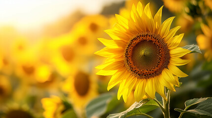 Fototapeta premium A vibrant sunflower basking in the warm glow of the sun, surrounded by a field of blooming sunflowers.