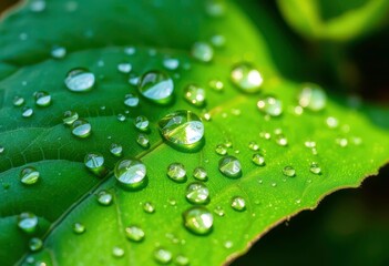 Emerald leaf, glistening dew drops, macro detail, nature, leaf
