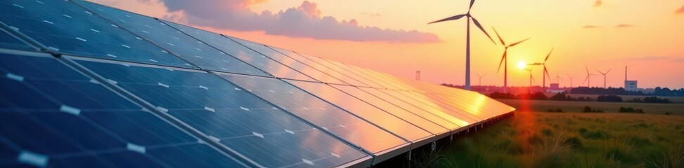 Obraz premium Close-up of solar array, wind turbines, distant power plant chimneys , greenhouse gas, industrial ecology, energy mix