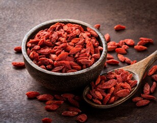 bowl with dried goji berries on rustic background with room for text