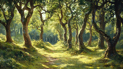 Fototapeta premium A breathtaking view of a lush green forest with sunlight filtering through the trees.