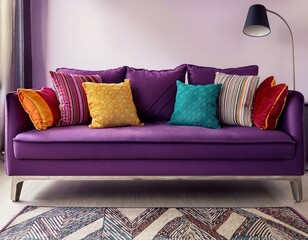 colorful pillows and chevron patterned rug on purple sofa