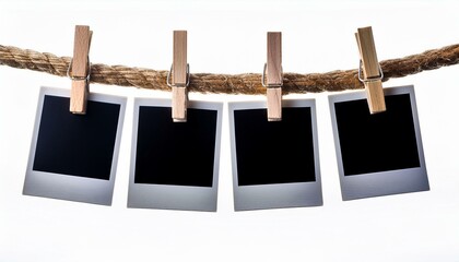 four blank instant photo frames hanging on a rope isolated on white background file