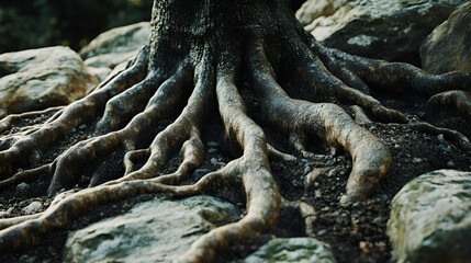 Intricate tree roots intertwining with rocks in a natural setting, showcasing nature's resilience and beauty.
