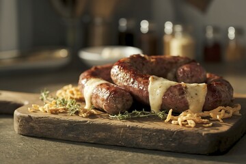a plate brimming with grilled homemade sausages and melted cheese