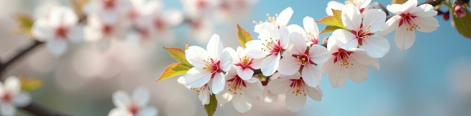 Fototapeta premium Close-up of white cherry blossoms on tree branches, season, petal, plant