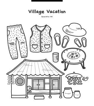 These illustrations are popular items from the MZ generation in Korea. There are country houses, grandmother's clothes, shoes, and hats. (Translation: Rural Travel)