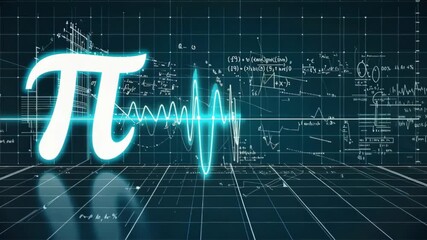 Futuristic glowing pi symbol with a dynamic data wave and mathematical formulas displayed on a digital grid background. - Powered by Adobe