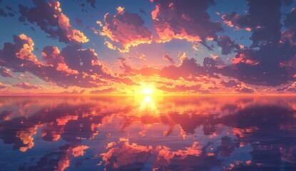 Serene sunset reflecting on still water, vibrant clouds