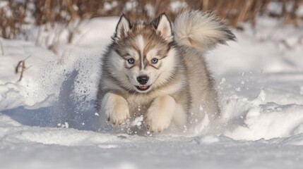 Naklejka premium Husky puppy leaping in snow