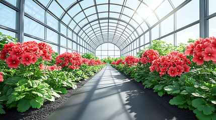 Greenhouse interior with red flowers, sunlit path, ideal for gardening stock