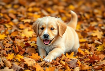 Golden retriever puppy frolics in fall leaves, landscape, playful pup