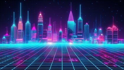 neon grid cityscape futuristic digital landscape