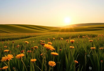 Golden sun illuminates vibrant wildflowers in rolling green fields, summer, bloom