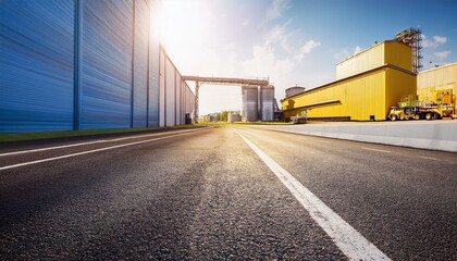 Obraz premium asphalt road between industrial buildings sunny day logisticsk