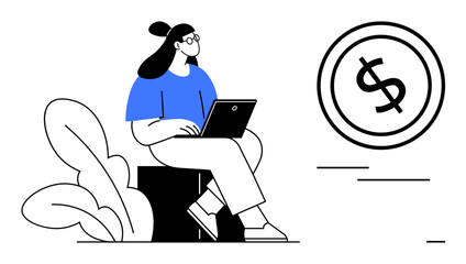 Woman sitting with laptop near leafy elements next to large dollar icon. Ideal for finance, budgeting, remote work, digital tools, online income, personal growth, and economic trends. Minimalist flat