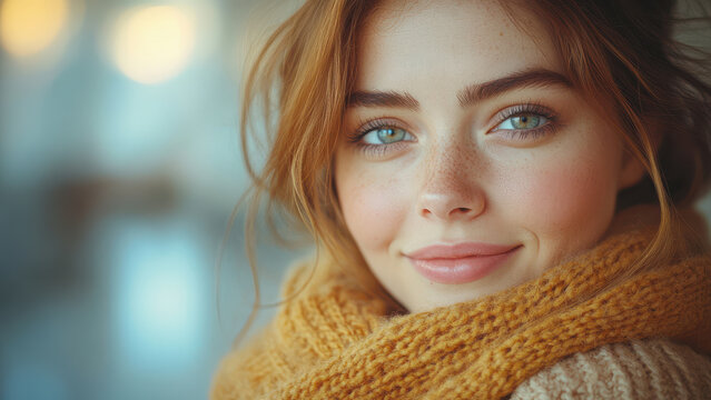 Una mujer joven con bufanda, expresi&oacute;n amable y amorosa,  luz natural suave y c&aacute;lida, 