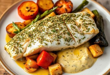 Herb-crusted fish fillet atop garlic aioli, served with roasted vegetables,  professional,  instafood
