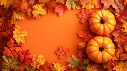 Two pumpkins and fallen leaves arranged on orange background surface