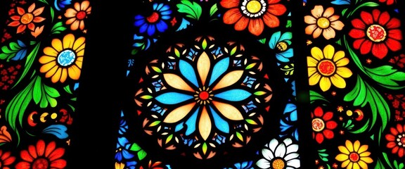 Intricate colorful stained glass window depicting a vibrant floral pattern, cathedral, intricate