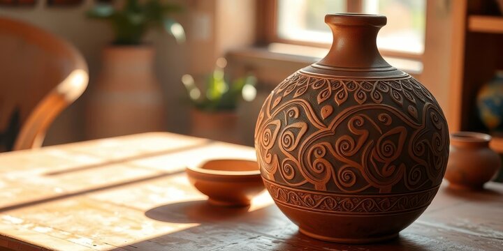 Intricate etched clay vase, sunlight on pottery table, relief, texture