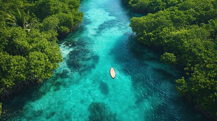 Obraz premium A surfboard floats on turquoise water near mangroves, serene water sports.