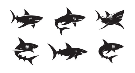 Shark fish black soild silhouette bundle isolated on white background, clip art logo icon set	