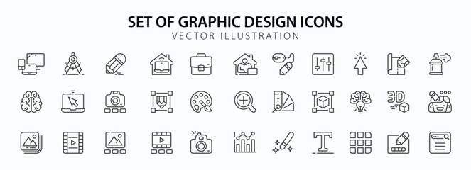 Line icon set. Graphic design. Idea and creativity. Software, design and art tools. Vector icon pack.