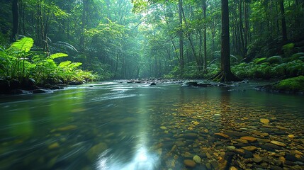 Obraz premium A tranquil river, meandering gently through a dense, vibrant green rainforest, creates a serene, beautiful landscape.