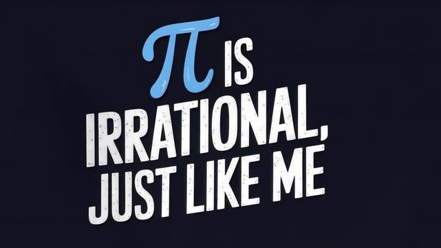 playful math-themed design featuring the pi symbol and the phrase "Pi is irrational, just like me" on a dark background.