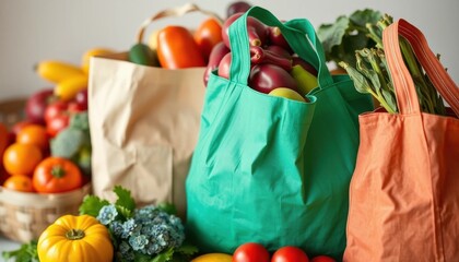 Sustainable grocery shopping fresh vegetables and fruits in eco-friendly bags indoor market still life natural living