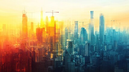 Fototapeta premium A stylized cityscape with varying color and construction cranes
