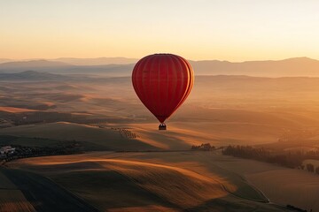Obraz premium giant cherry-red hot air balloon floating above golden sunrise landscape casting long shadow over rolling hills