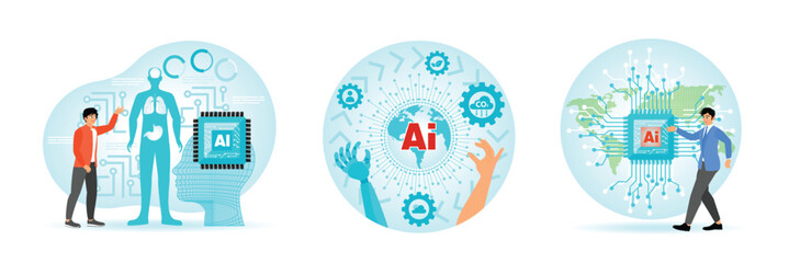 AI in Healthcare. Robots and Humans Touch Earth Icon. Visionaries Point to AI Icon on World Map.