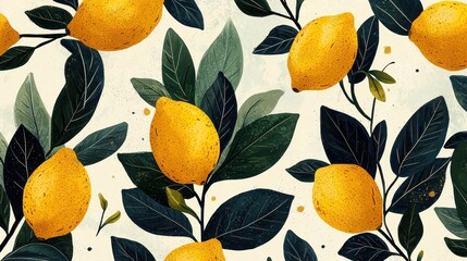 Repeated pattern showing yellow lemons and green leaves on branches