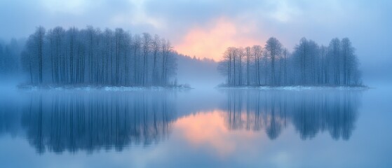 Obraz premium Serene Sunrise Over Calm Lake Surrounded by Misty Trees