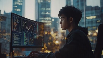 Young Man Analyzing Stock Market Data in Modern Urban Environment