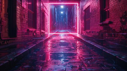 Neon alleyway, wet cobblestones, illuminated portal, urban backdrop