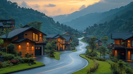 A winding road encircles modern houses in a green landscape, nature and architecture.