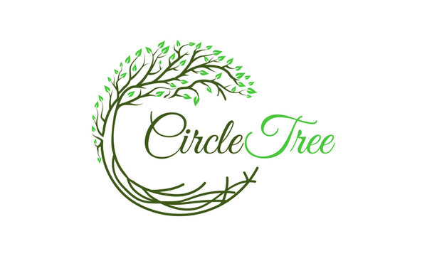 Green Leaf Nature Circle Tree And Root Logo Design Vector Icon Symbol Illustrations, Circle Tree Logo, Family Tree Six Season Tree logo that can be used in many business company and services