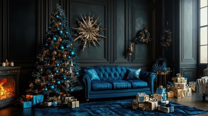 Elegant Blue and Gold Christmas Decor with Stylish Sofa and Tree