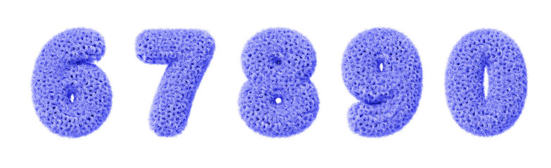 3d fur font, blue fluffy numbers from 6 to 0. Isolated furry type digits with animal hairy texture for fun education kids, birthday. Fashion typography set. Soft fuzzy curly wavy text. 3D illustration