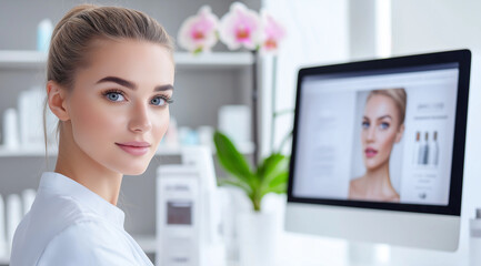 A close-up of a computer screen displaying an online beauty salon website, with beautiful images and details highlighting facial features like eyes or lips. The background is blurr