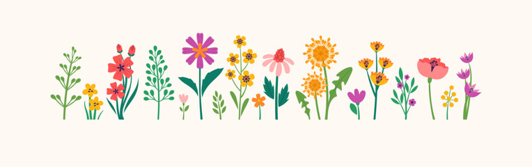hand drawn spring flowers icon set romantic beautiful  flower backgrounds for decoration wild bloom, dandelion, tulip, daisy, cute and doodle floral vector illustration