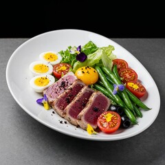 Nicoise salad with ahi tuna, eggs, cherry tomatoes, and black olive dust for restaurant menus, food blogs, recipe sites, and healthy eating promotions