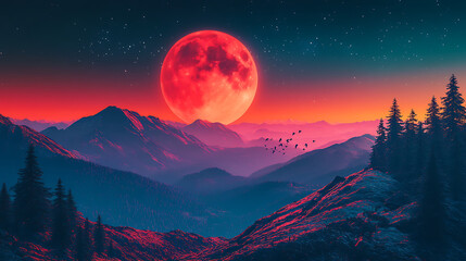 Red moon over misty mountains, night landscape, for screensaver or wallpaper