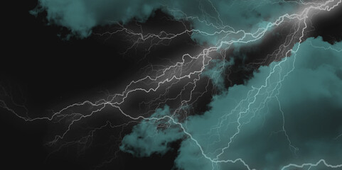 Naklejka premium Thunder, lightnings and rain on a stormy summer night in black and white. Lightning bolts in the sky at night. 